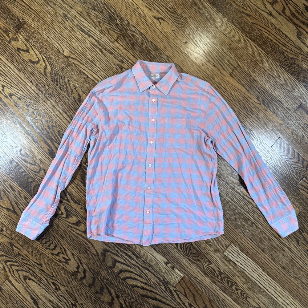 Faherty Shirt Mens Large Pink Blue Check Long Sleeve Button Up Stretch Casual